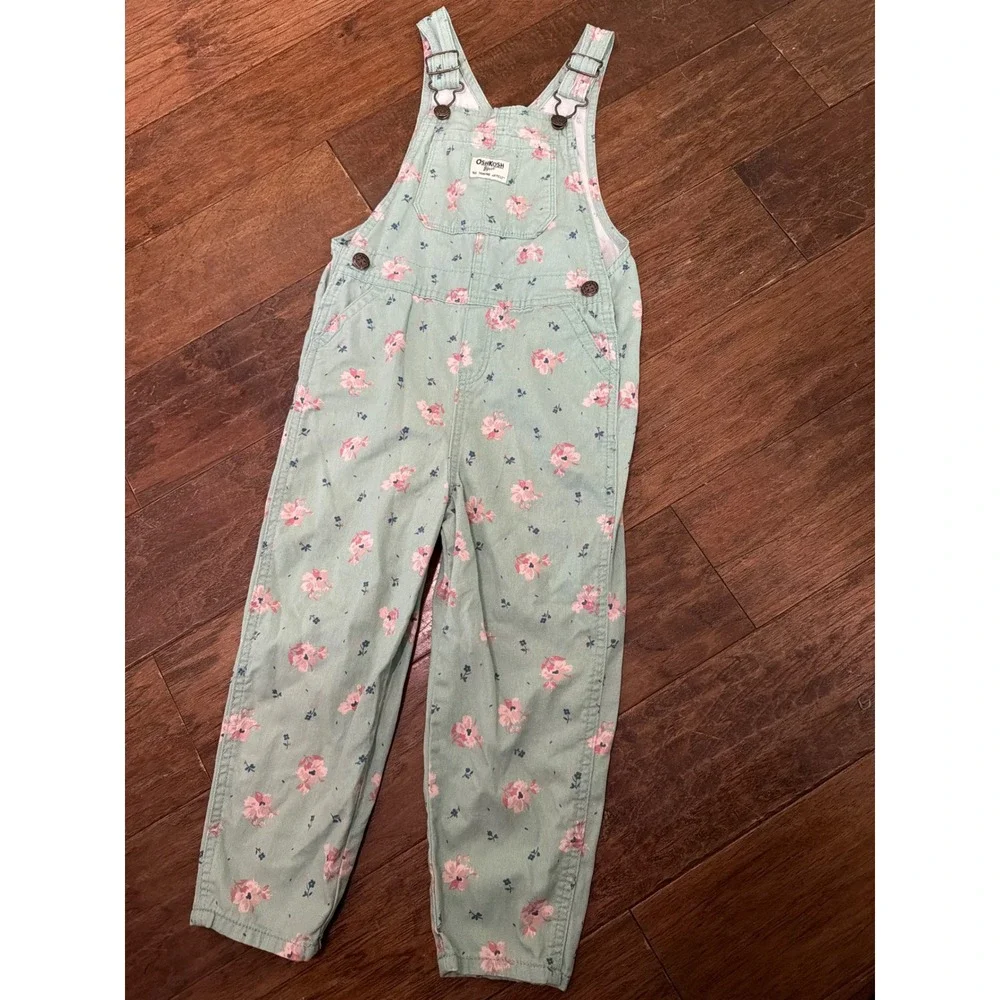 OshKosh Bgosh Girls 5T Floral Denim Overalls Mint Green Pink Flower 6N741810
